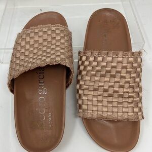 Pedro Garcia 38.5 Amparo Rose Nude Frayed Satin Leather Slip On Sandals